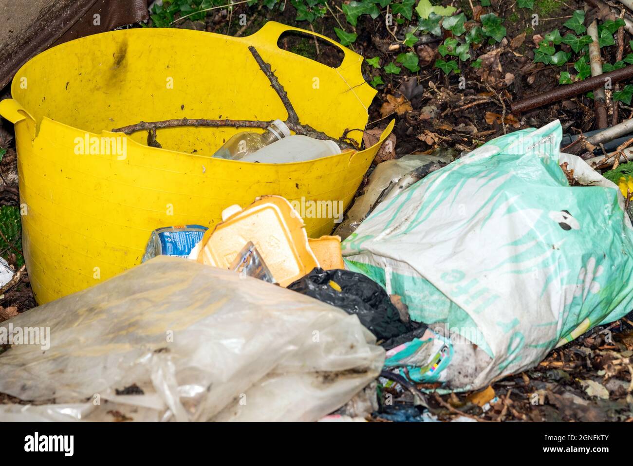 Burry Port, Gales, Reino Unido, 21 de agosto de 2021 : Basura de desechos de botellas de plástico y contenedores con papel de embalaje de basura y bolsas vertidas en una madera Foto de stock