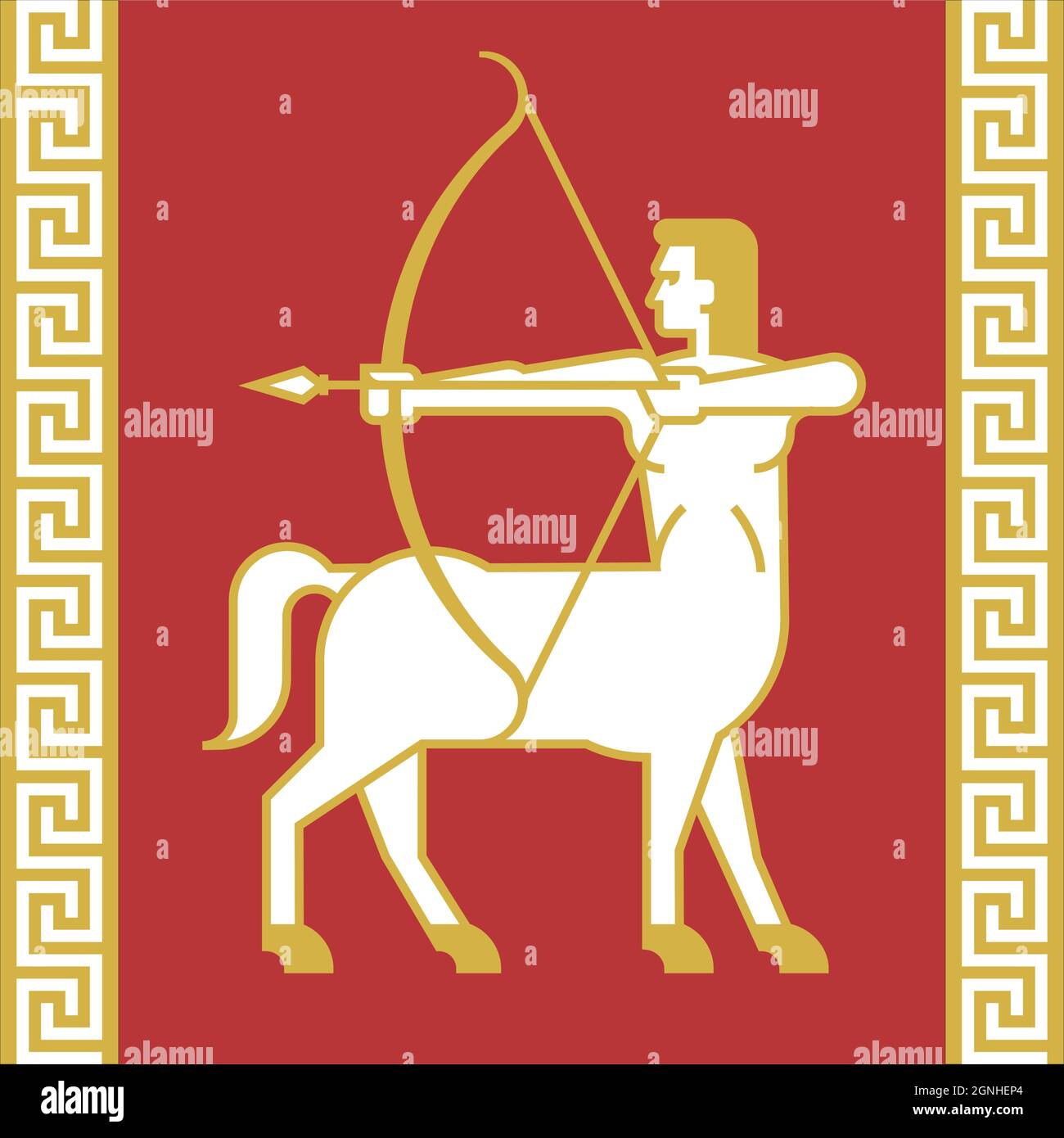 Centaur o Sagitario Archer ilustración vectorial. Medio hombre, medio caballo con arco y dibujo de flecha con contorno pesado. Frontera griega clásica Ilustración del Vector