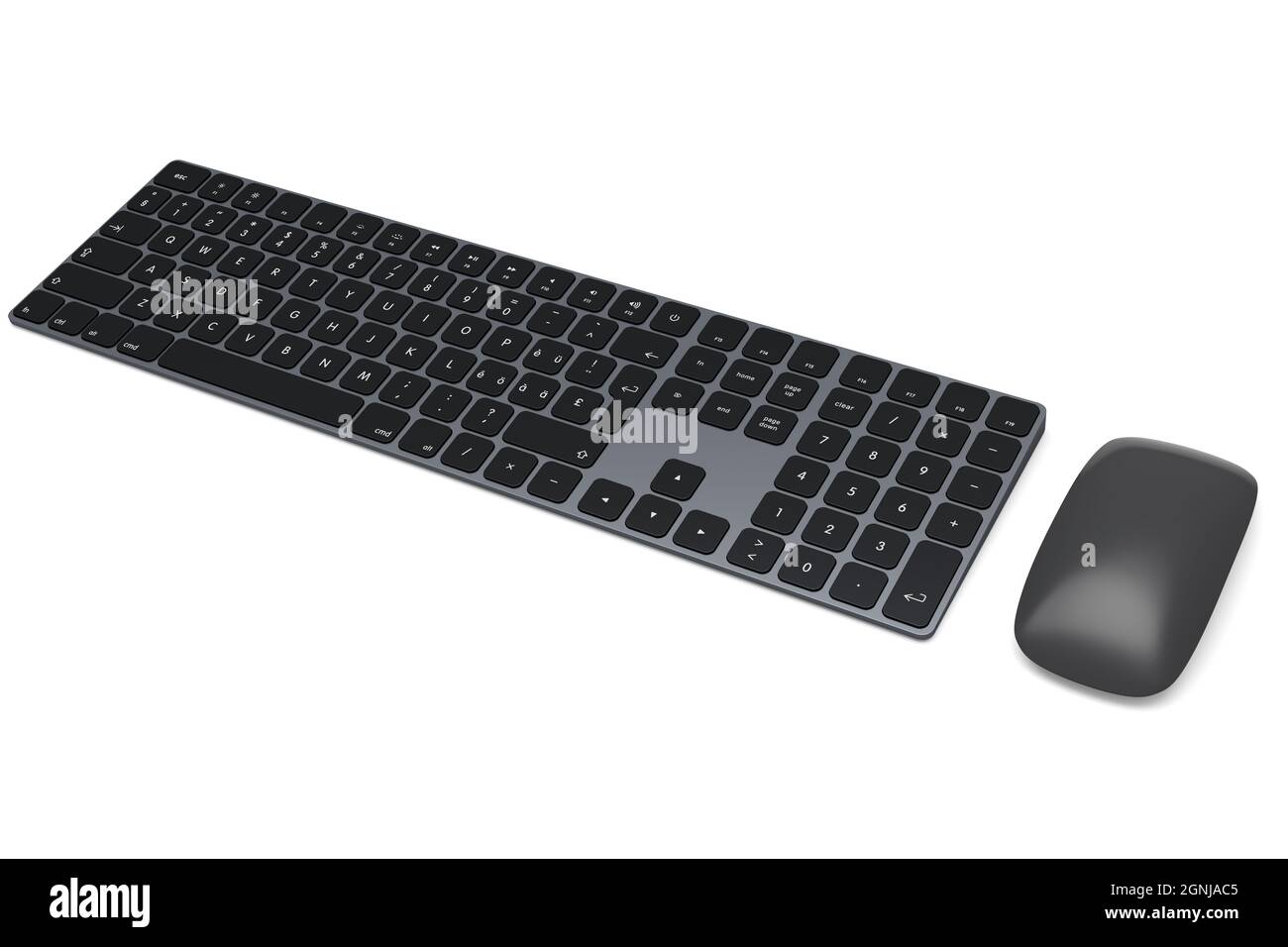 Moderno teclado de ordenador y ratón de aluminio negro aislados sobre fondo blanco. Foto de stock