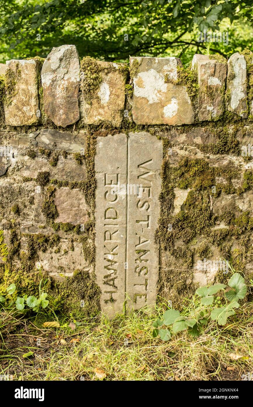 Piedra de señalización en el puente sobre Dane's Brook - la frontera entre West Anstey (Devon) y Hawkridge (Somerset) parroquias, Exmoor National Park, Reino Unido Foto de stock