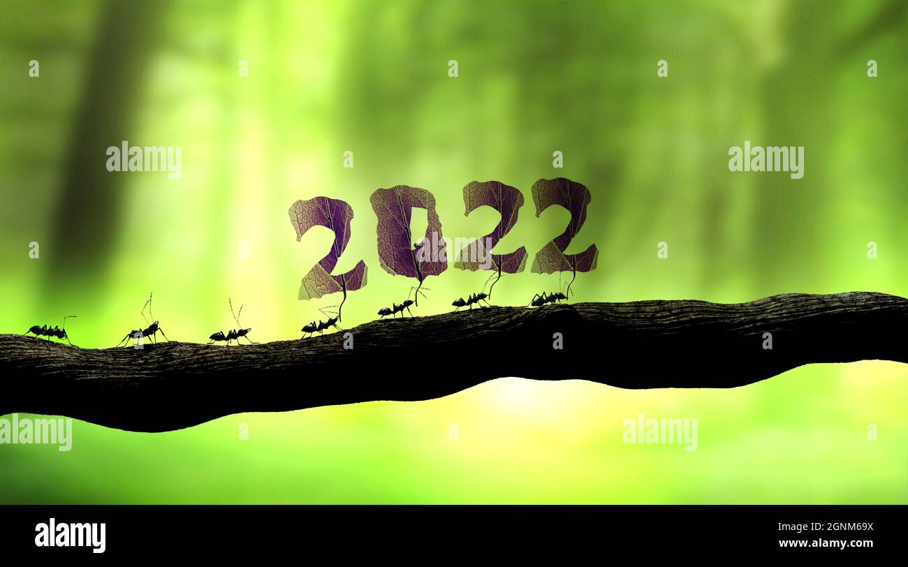 Tarjeta de felicitación 2022 con hormigas - 3D renderizado Foto de stock