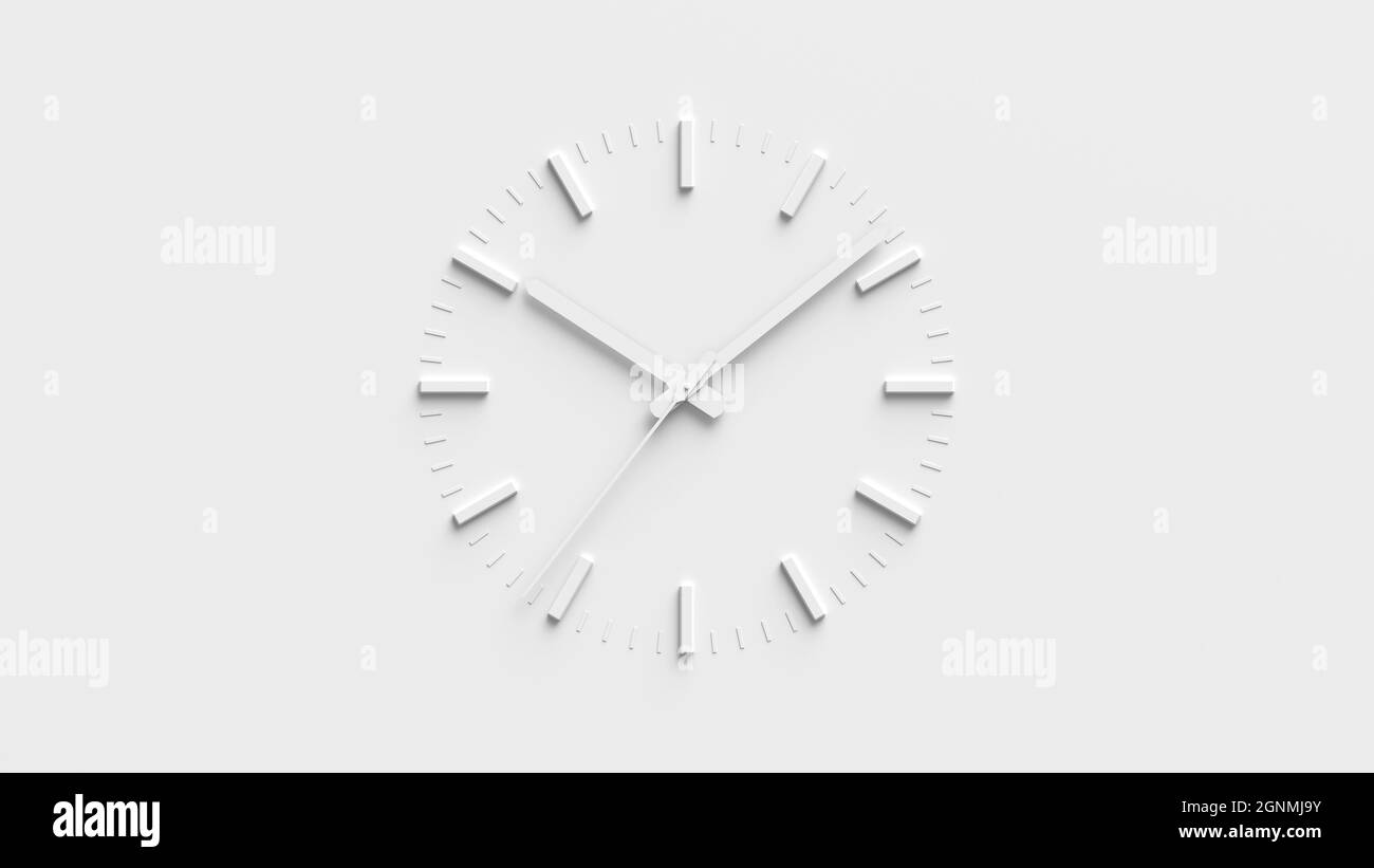 El reloj abstracto se ocupa de la pared blanca, objeto realista con sombras suaves. 3d representación de la ilustración Foto de stock