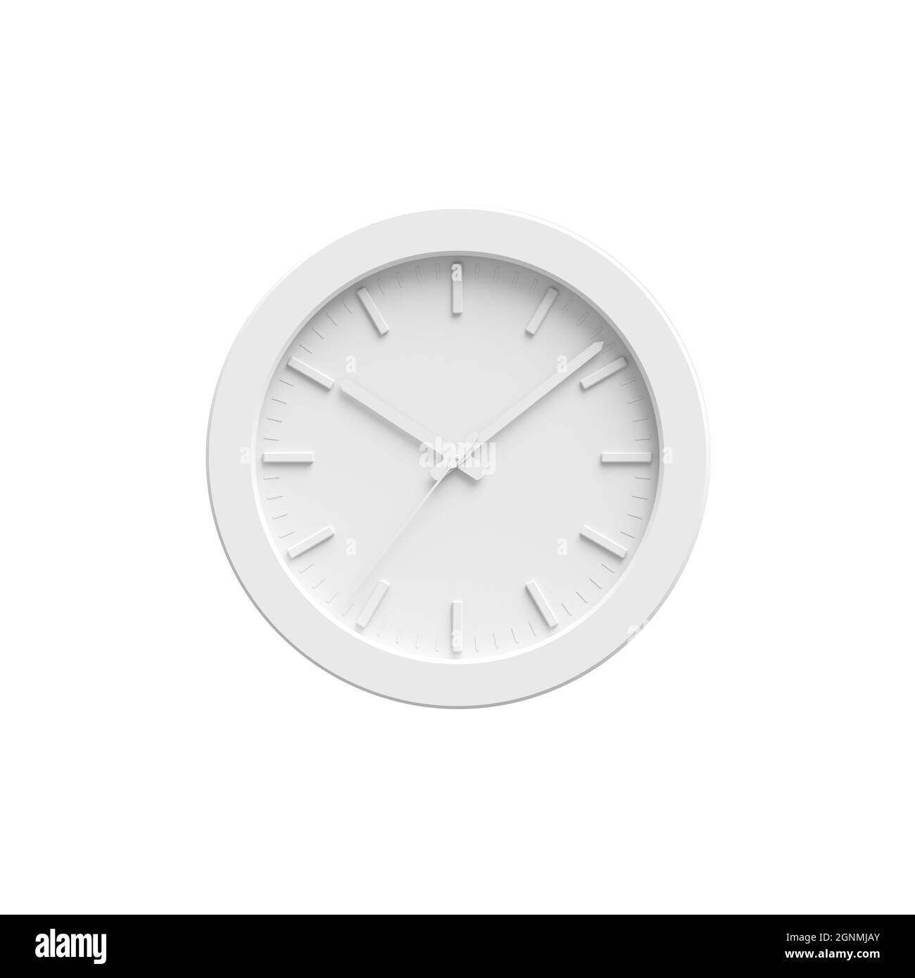 Reloj de pared blanco abstracto aislado sobre blanco, objeto en blanco realista con sombras suaves. 3d representación de la ilustración Foto de stock
