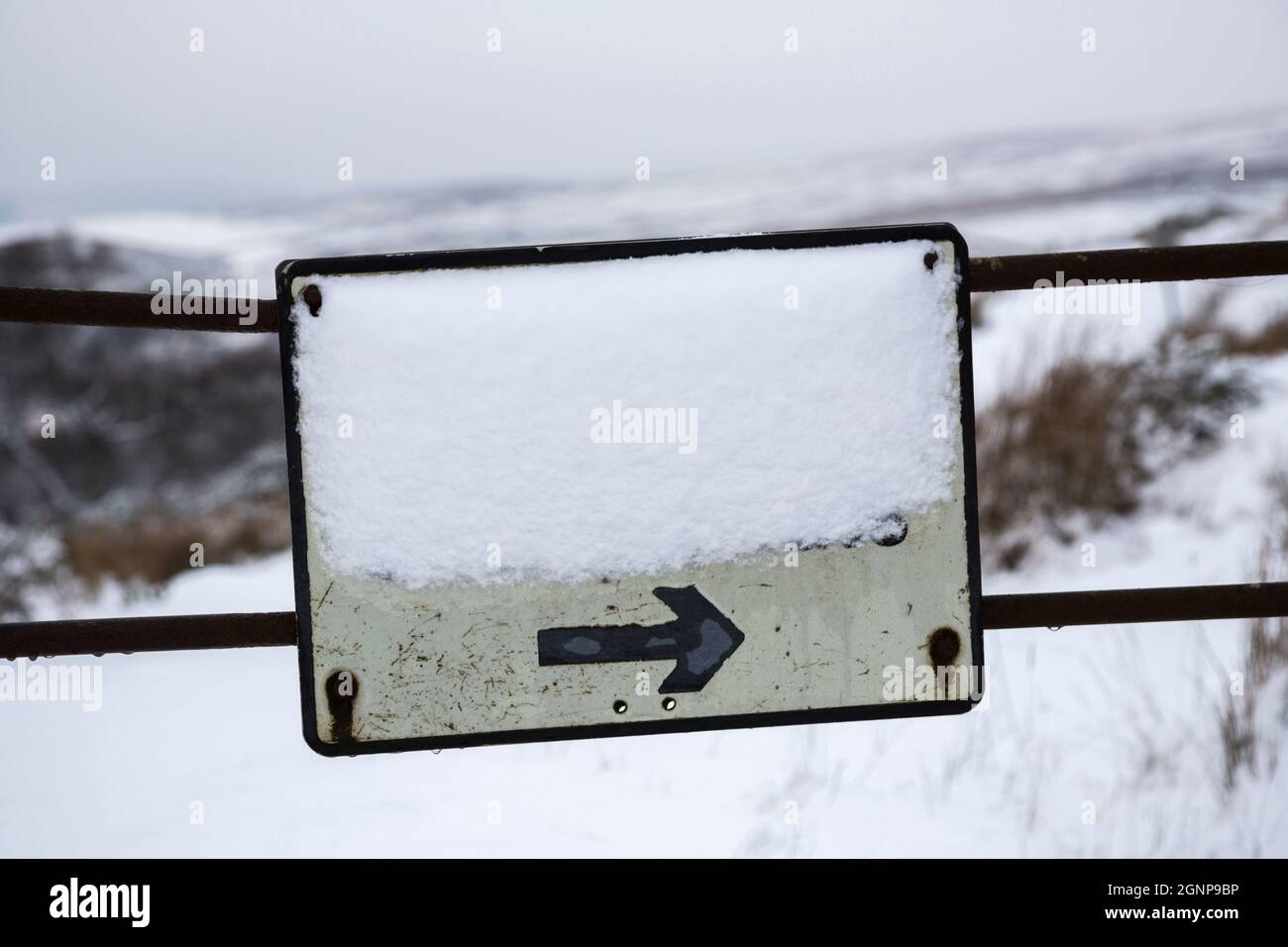 Señal de carretera cubiertos de nieve, Tarset, North Tyne Valley, el Parque Nacional de Northumberland, Reino Unido Foto de stock