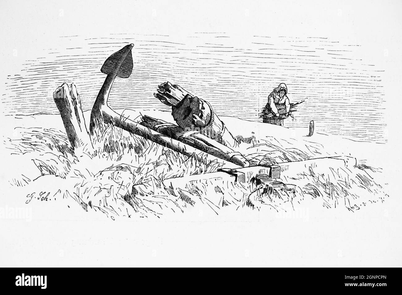 Marcador de mar en la orilla del Mar del Norte, isla de Heligoland, Alemania del Norte, ilustración histórica 1880, Foto de stock