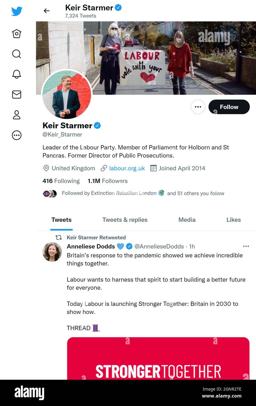 Página de Twitter (septiembre de 2021) de Sir Keir Starmer MP, líder del Partido Laborista Foto de stock