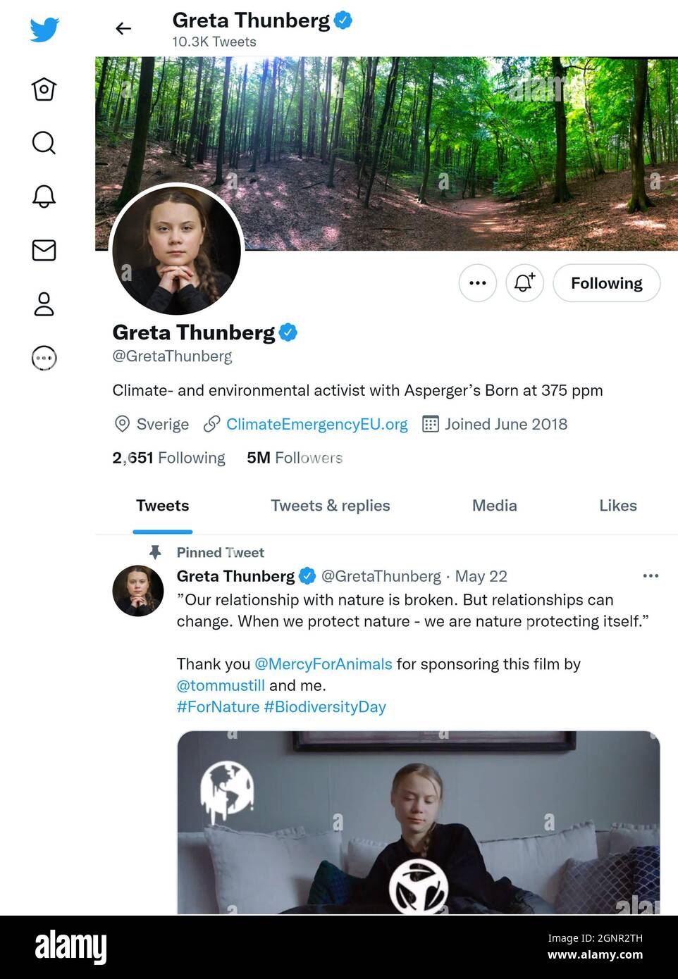 Página de Twitter (septiembre de 2021) de Greta Thunberg, activista del clima Foto de stock