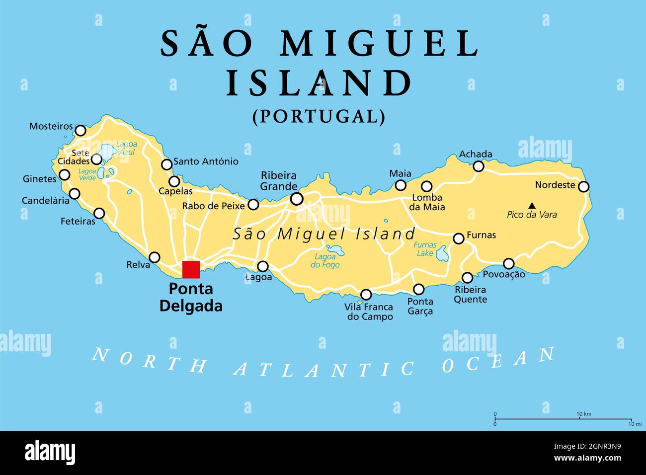 Isla de San Miguel, Azores, Portugal, mapa político, con la capital Ponta  Delgada. Apodado la Isla Verde, la isla más grande y poblada de Azores  Fotografía de stock - Alamy