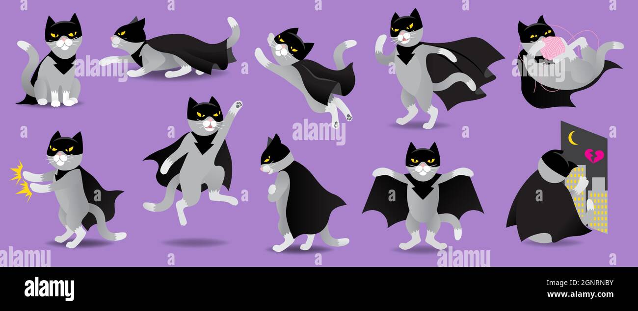 Juego de superhéroe o gato villano en máscara y capa negra Ilustración del Vector