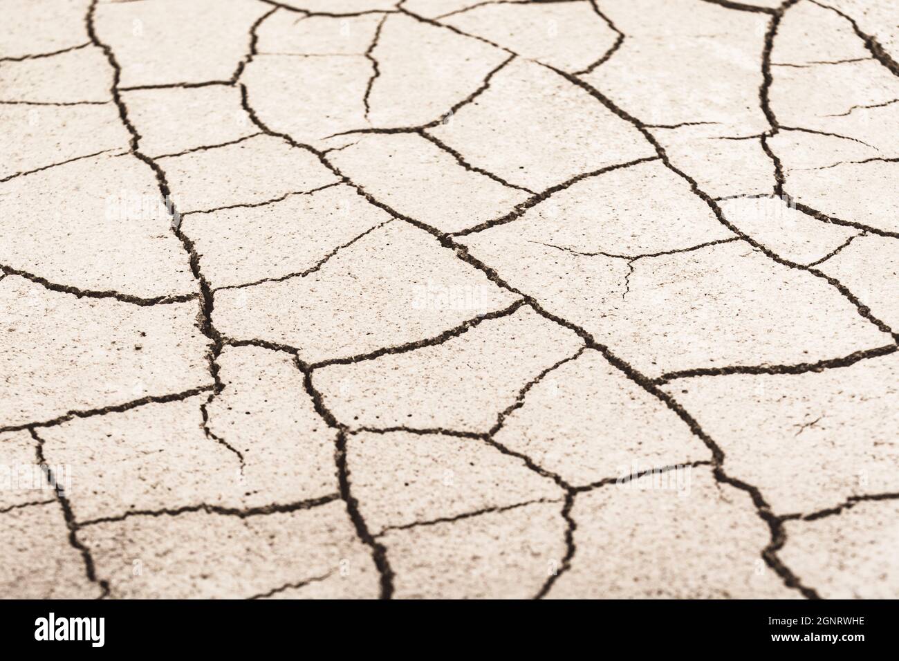 Close shot agrietado tierra seca. Por crisis hídrica, sequía en el Reino Unido, tierra reseca, pérdida de cultivos, ola de calor europea o estadounidense, temporada de verano caliente, aridificación. Foto de stock