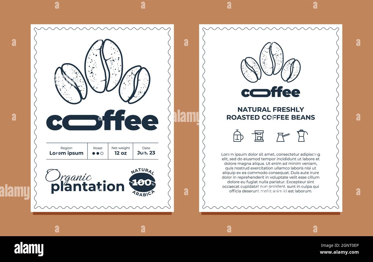 Juego de plantillas de diseño de etiquetas de embalaje de café. Etiqueta o  etiqueta moderna gráfica de plantación orgánica para marca, logotipo,  embalaje. Ilustración de Vector eps para ara Imagen Vector de