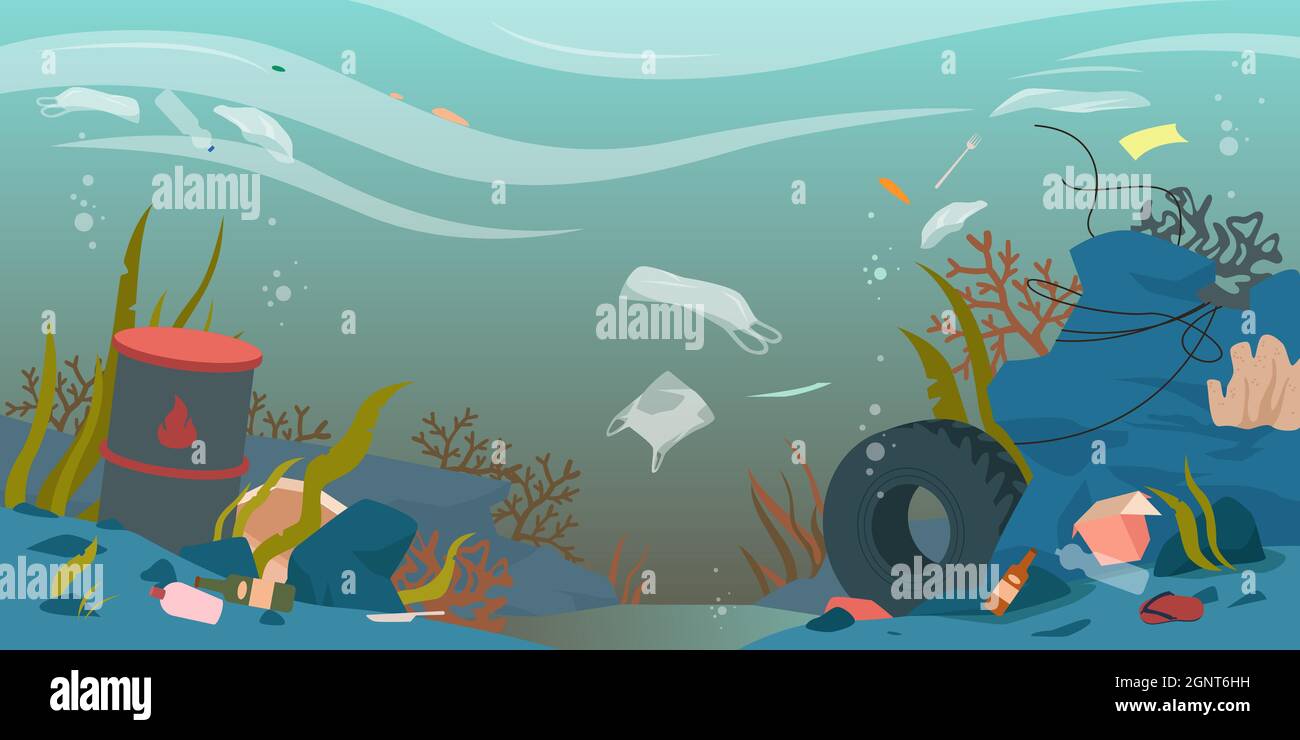 Agua del océano, del mar o del río contaminada con ilustración del vector  de los desechos de la basura. Dibujos animados paisaje subacuático sucio  con contaminación, botella y bolsa de plástico, embalaje