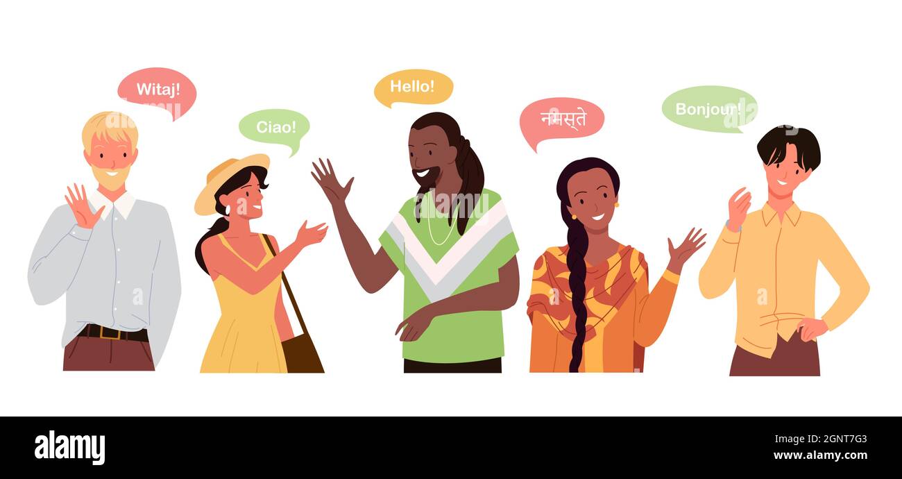 La gente dice hola en diferentes idiomas, concepto de comunicación  internacional global ilustración vectorial. Personajes de mujeres de  dibujos animados hablar, conversación de conversación con burbujas de chat  aisladas sobre blanco Imagen