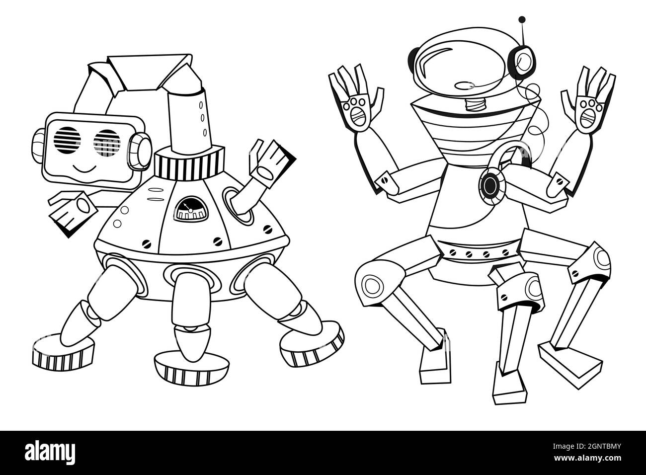 Robot, Páginas Para Colorear En Blanco Y Negro Para Niños, Líneas Simples,  Estilo De Dibujos Animados, Feliz, Lindo, Divertido, Muchas Cosas En El  Mundo. Ilustraciones svg, vectoriales, clip art vectorizado libre de