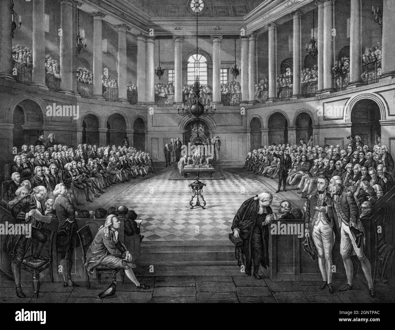 La reunión final en College Green, Dublín, de la Cámara de los Comunes irlandesa, la cámara baja del Parlamento de Irlanda que existía desde 1297 hasta 1790. La membresía de la Cámara de los Comunes fue elegida directamente, pero en una franquicia altamente restrictiva, similar a la Cámara de los Comunes sin reformar en la Inglaterra contemporánea y Gran Bretaña. A partir de 1691, los católicos fueron descalificados de sentarse en el parlamento irlandés, a pesar de que constituían la gran mayoría de la población irlandesa. Foto de stock