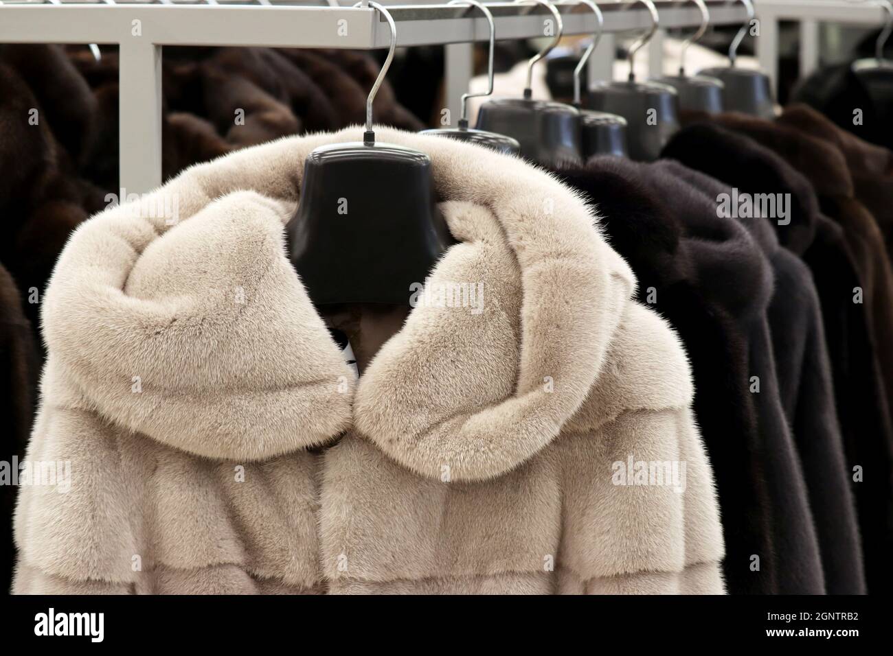 Abrigos de piel en fila en una percha en la tienda. Moda femenina, ropa de piel natural en venta Foto de stock