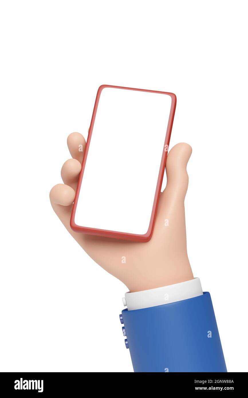 Mano de dibujos animados sosteniendo el teléfono móvil con pantalla en  blanco aislada en fondo blanco. c Fotografía de stock - Alamy