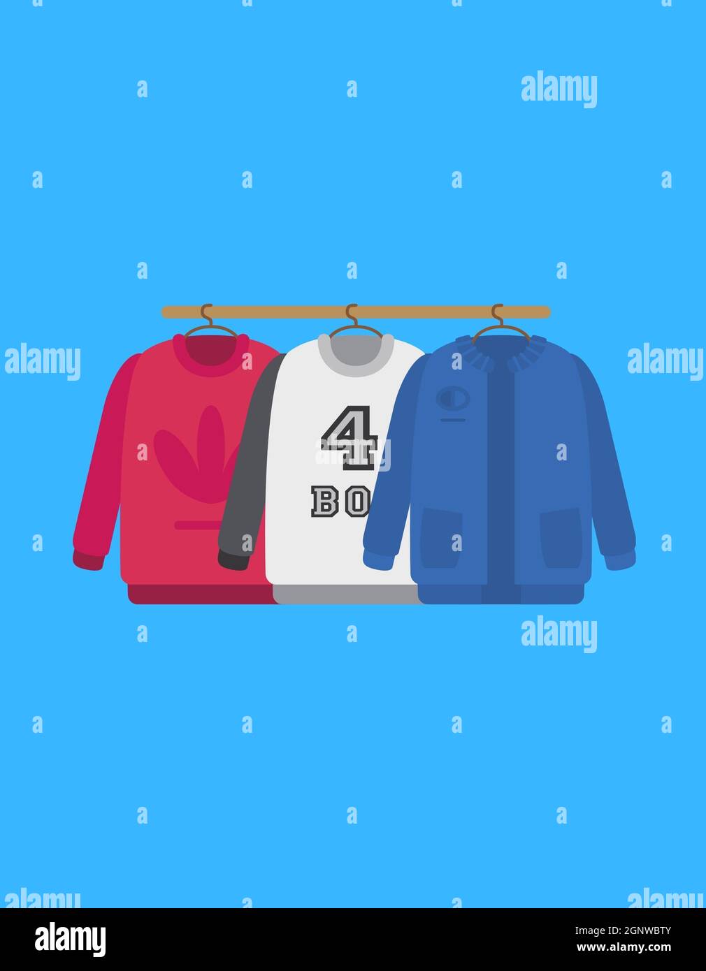 Ropa en estante sobre fondo azul, camisa, pantalones, falda, ropa para  señora, niño, ropa para niños, ropa para mujer, ilustración vectorial  Fotografía de stock - Alamy