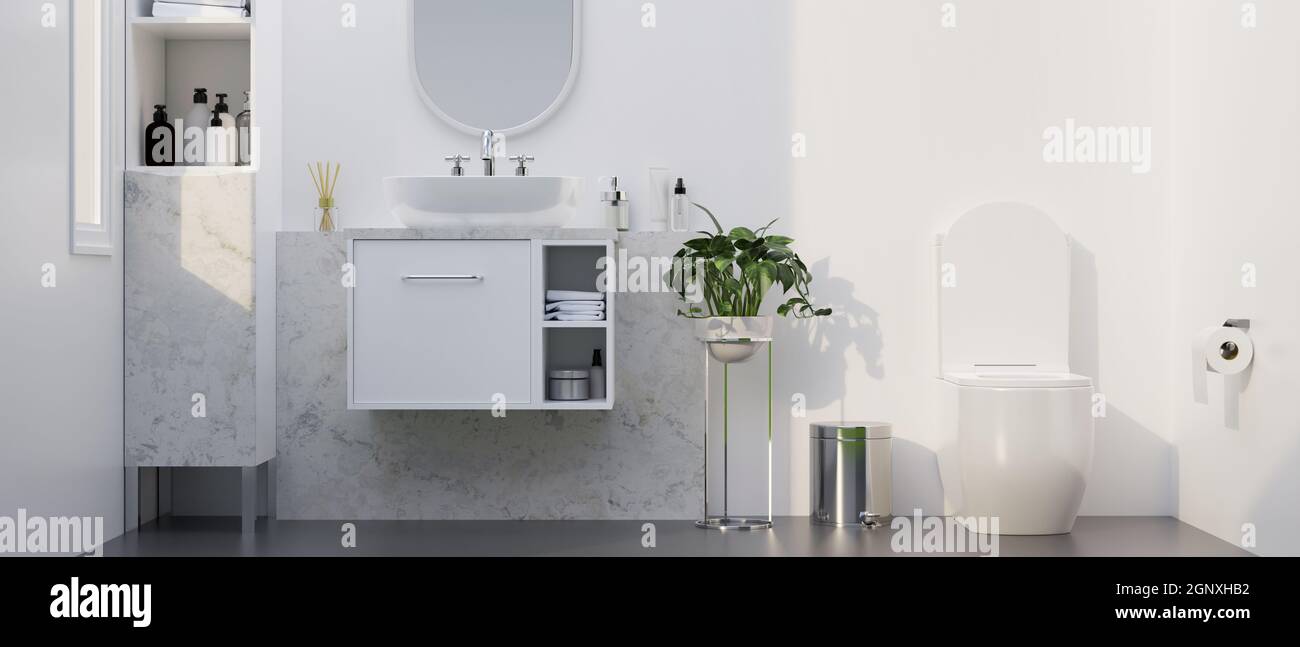 Moderno y elegante cuarto de baño de mármol con váter, lavabo sobre mueble  blanco, espejo redondo, estantes de mármol sobre pared de mármol blanco. 3d  renderizar Fotografía de stock - Alamy