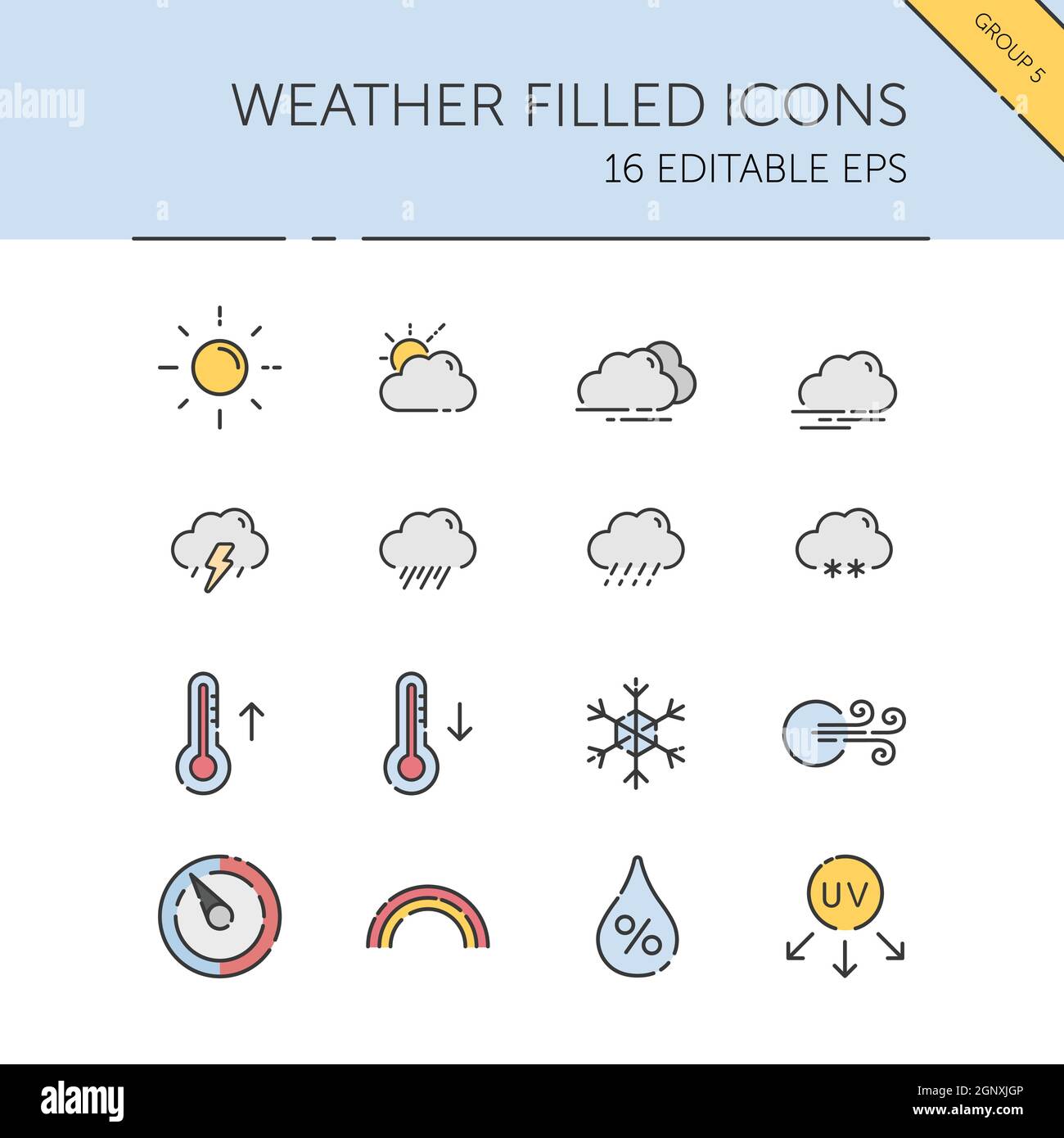 Tiempo y meteorología. Sol, nubes, temperatura y grupo de presión. Conjunto de iconos de color aislados. Ilustración vectorial rellena Ilustración del Vector