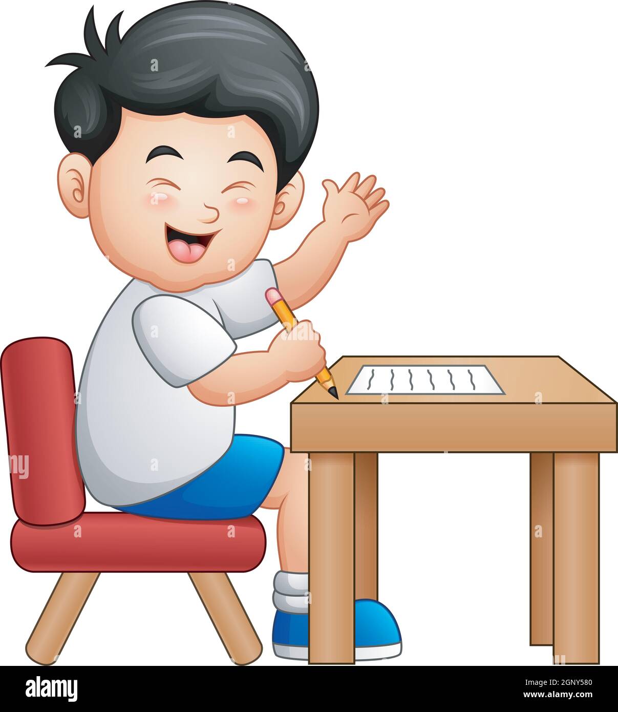 Niño de dibujos animados aprendiendo en la mesa dando pulgares para arriba  Imagen Vector de stock - Alamy