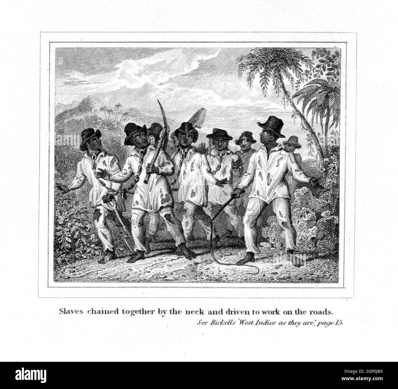 Ilustración vintage de alrededor de 1825 titulada 'esclavos encadenados por el cuello y conducidos a trabajar en las carreteras'. Muestra que los hombres jamaiquinos están siendo forzados a trabajar en cadenas, mientras que un maestro esclavo sostiene un látigo en una plantación en las Indias Occidentales. Publicado en las Indias Occidentales como son; o, una imagen real de la esclavitud, por el Reverendo Richard Bickell Foto de stock