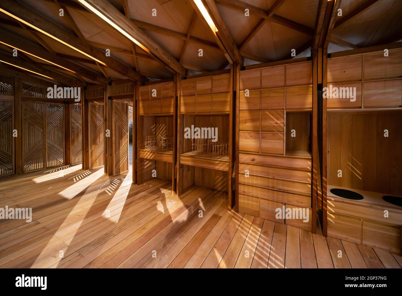El Pabellón de Filipinas en la Bienal de Arquitectura de Venecia 2021 17th cuenta con un pequeño edificio de madera (una biblioteca) construido por voluntarios Foto de stock