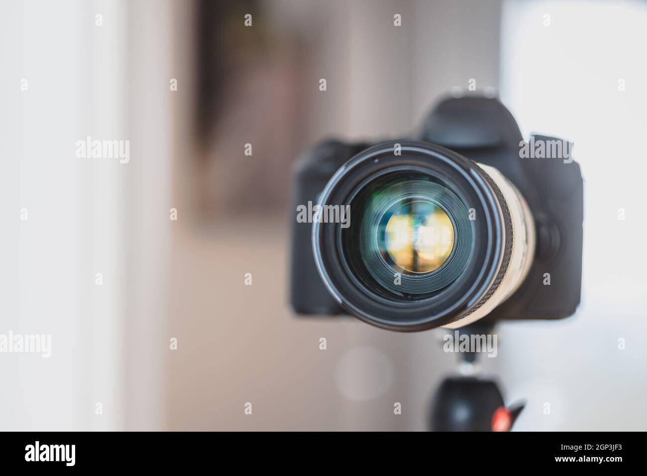 Mujer sosteniendo una cámara fotográfica profesional Foto de stock  1900020502