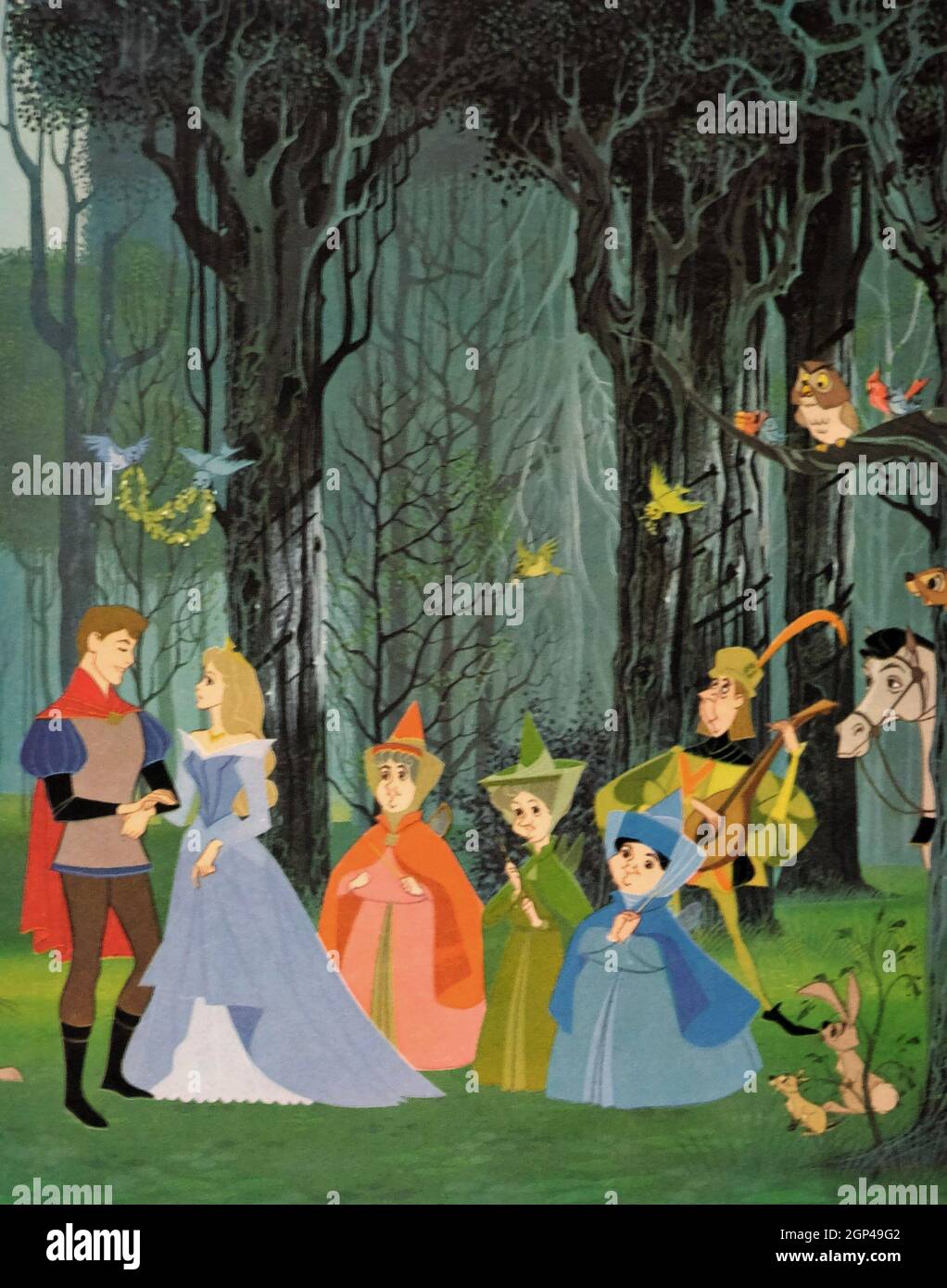 LA BELLEZA DEL SUEÑO, de izquierda a derecha, el príncipe Phillip (con la  voz de Bill Shirley), la princesa Aurora (con la voz de Mary Costa), Flora  (con la voz de Verna
