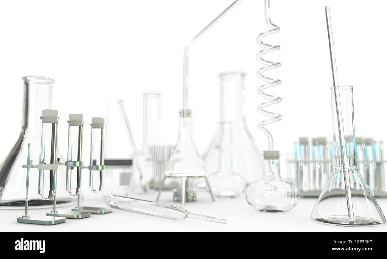 Tubos de ensayo de laboratorio y otros materiales de vidrio de ciencias  vacíos sobre fondo blanco - concepto de estudio, ilustración 3D de objetos  Fotografía de stock - Alamy