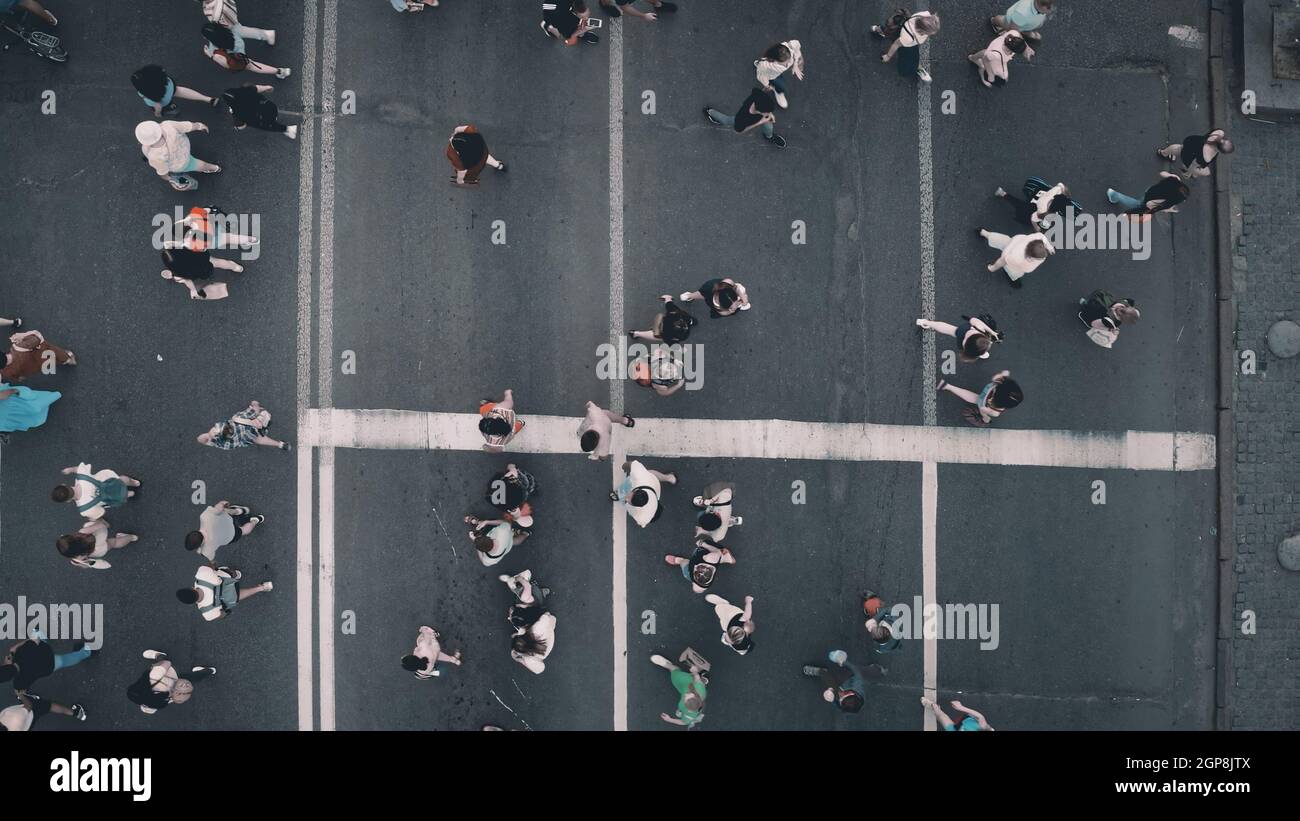 Antena de cruce de peatones de arriba hacia abajo. La gente cruza la calle. Cruce de carreteras de la ciudad. Hombres, mujeres caminando en cebra. Estilo de vida residencial de ciudad ocupada. Centro de la ciudad de Kiev, Ucrania, Europa Foto de stock
