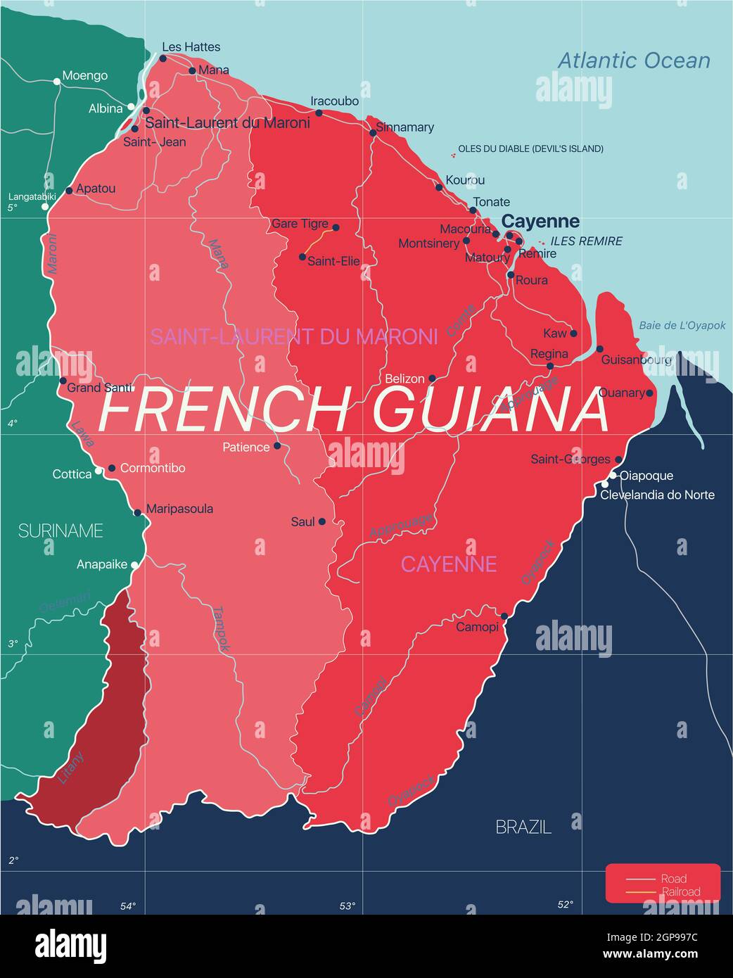 País Guayana Francesa mapa detallado editable con regiones ciudades y pueblos, carreteras y ferrocarriles, sitios geográficos. Archivo vectorial EPS-10 Foto de stock