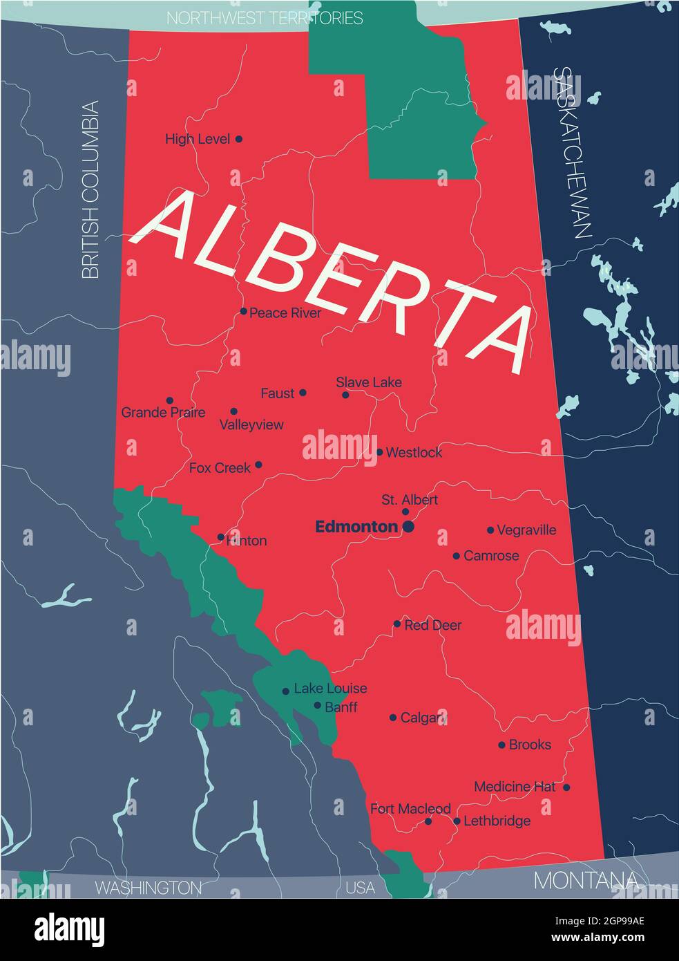 Mapa editable vectorial de la provincia de Alberta del Canadá con capital, fronteras nacionales, ciudades y pueblos, ríos y lagos. Archivo vectorial EPS-10 Foto de stock