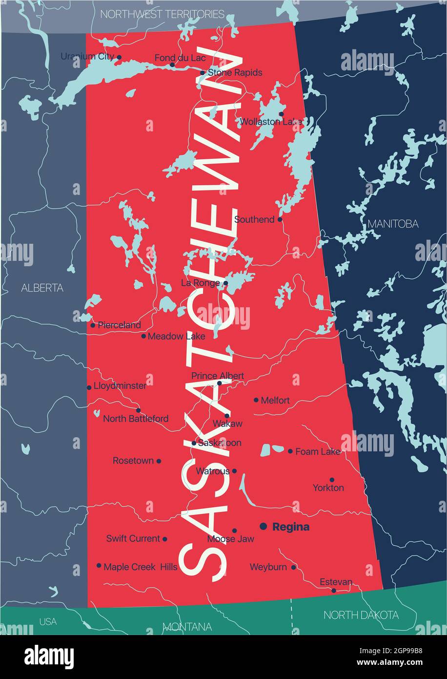 Mapa editable vectorial de la provincia de Saskatchewan del Canadá con capital, fronteras nacionales, ciudades y pueblos, ríos y lagos. Archivo vectorial EPS-10 Foto de stock