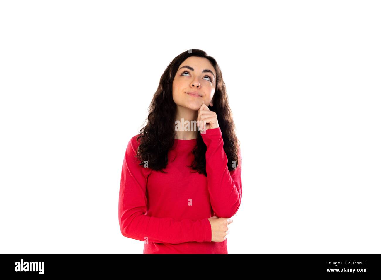 Observar derrochador Pegajoso Adorable adolescente con suéter rojo aislado en blanco antecedentes  Fotografía de stock - Alamy