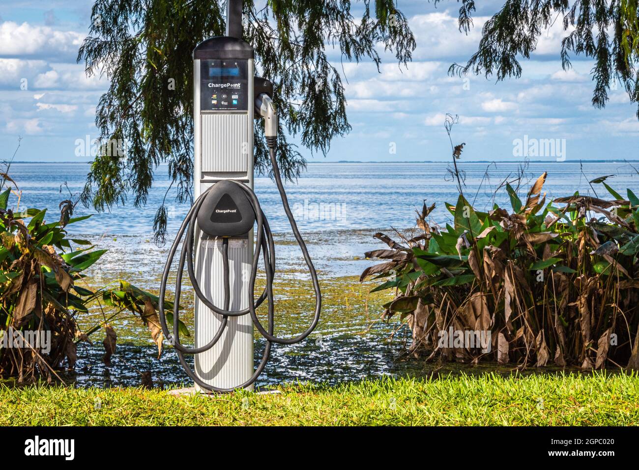 Estación de carga de vehículos eléctricos ChargePoint a lo largo del Lago Apopka en Newton Park en Winter Garden, Florida. (EE. UU.) Foto de stock