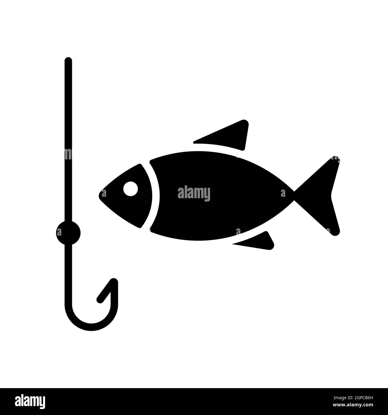 Gancho de pesca con pez vector glifo icono. Camping y signo de senderismo.  Símbolo gráfico para el diseño de sitios web de viajes y turismo y  aplicaciones, logotipo, aplicación, interfaz de usuario