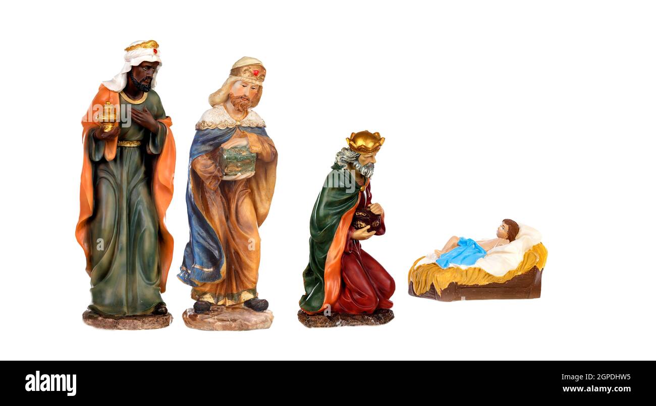 Tres Reyes Magos y el Niño Jesús Figurines Cerámicas aisladas un fondo  blanco Fotografía de stock - Alamy