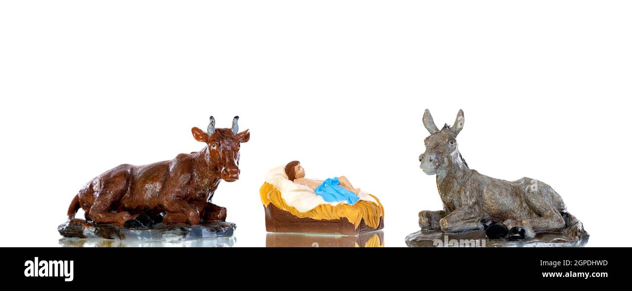 El Niño Jesús en el pesebre con el buey y la mula, aislado sobre fondo