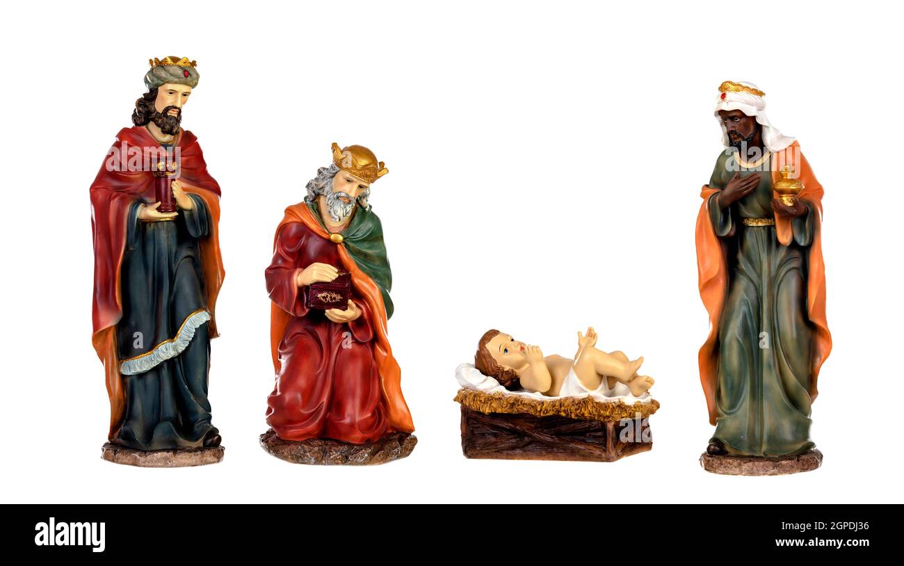 Los tres reyes magos y el niño Jesús. Figuras cerámicas aislado sobre fondo  blanco Fotografía de stock - Alamy