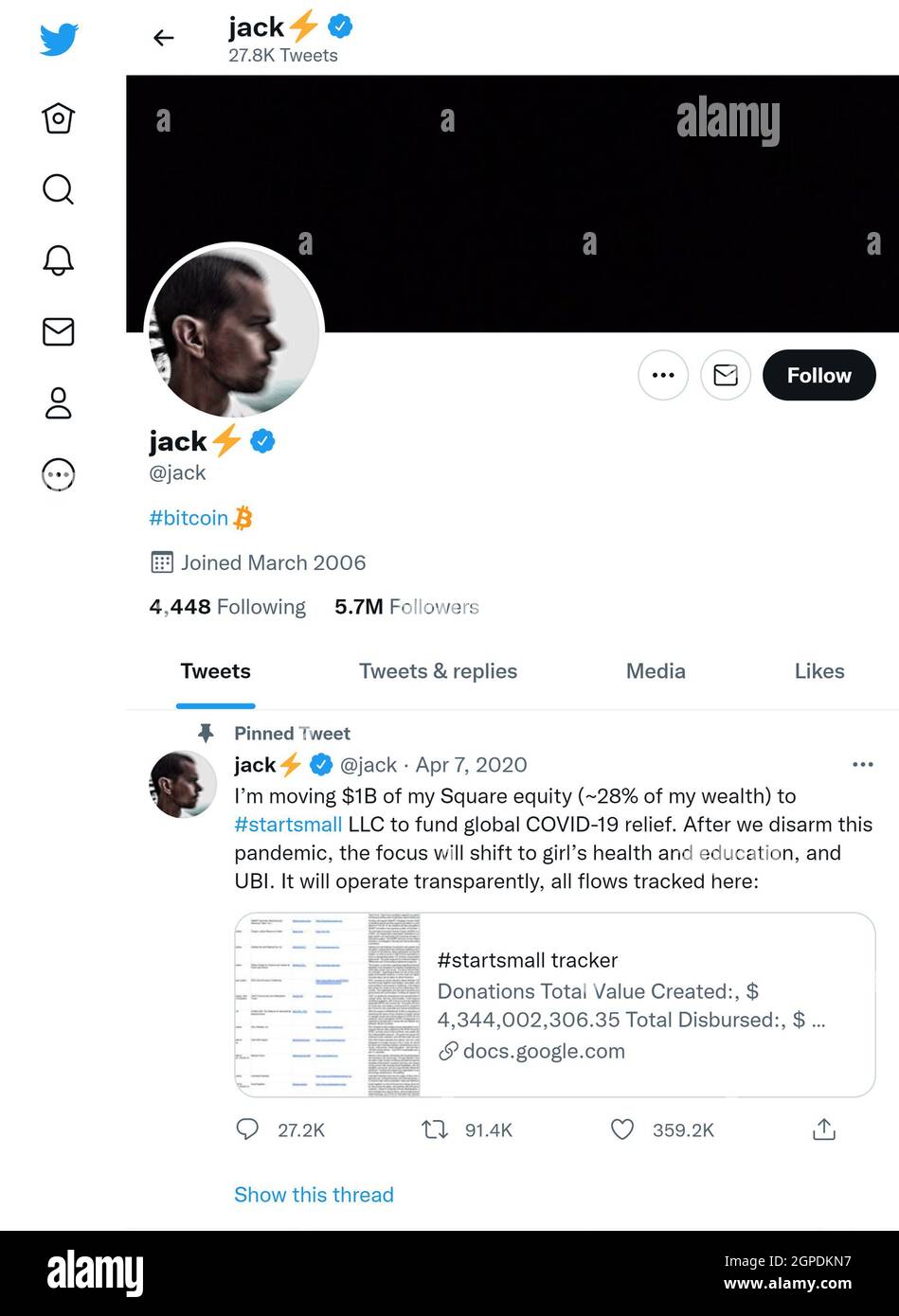 Página de Twitter (septiembre de 2021) de Jack Dorsey, co-fundador y CEO de Twitter Foto de stock