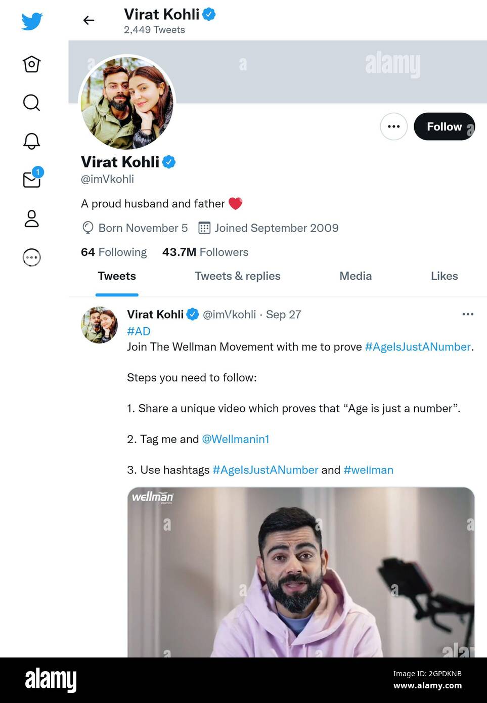 Página de Twitter (2021 de septiembre) de Virat Kohli - criquet indio Foto de stock