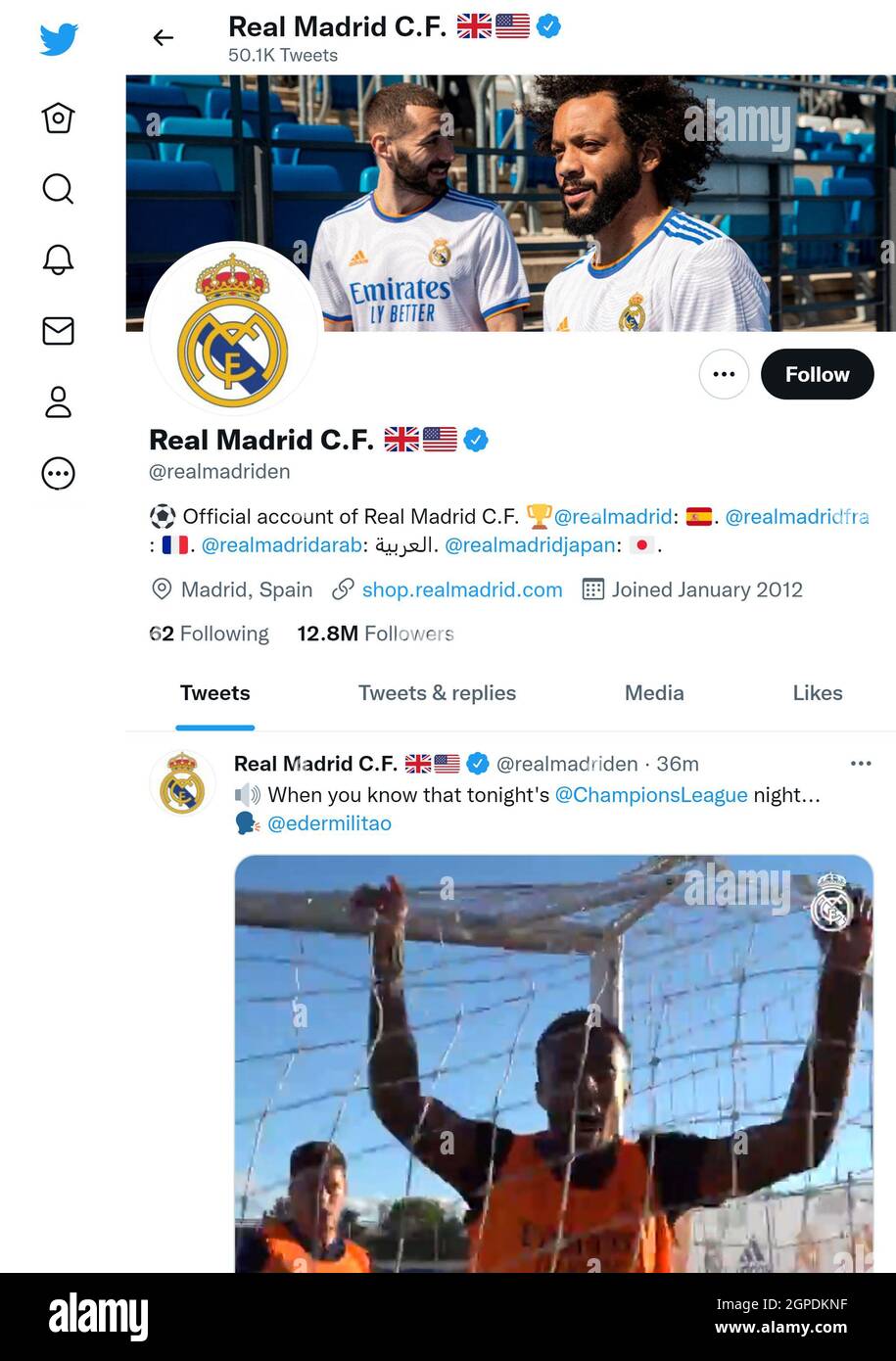 Página de Twitter (septiembre de 2021) del Real Mardid FC Foto de stock