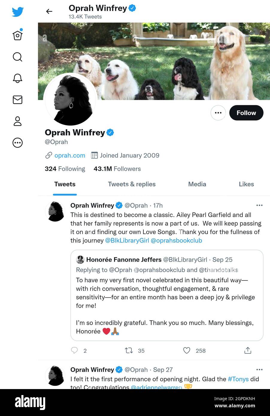 Página de Twitter (septiembre de 2021) de Oprah Winfrey Foto de stock