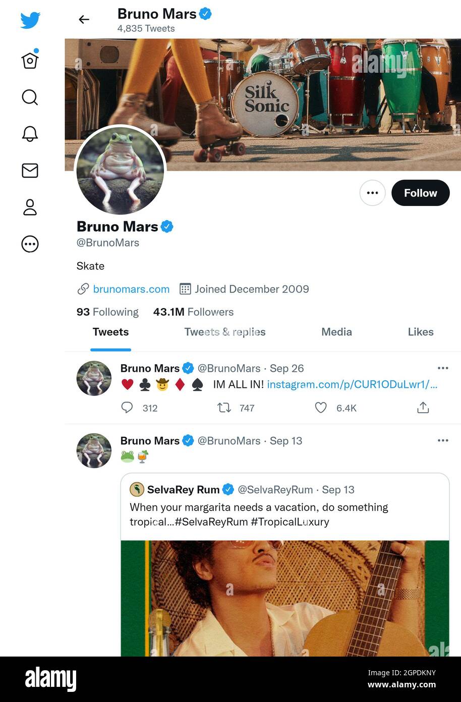 Página de Twitter (septiembre de 2021) de Bruno Mars: Cantante Foto de stock