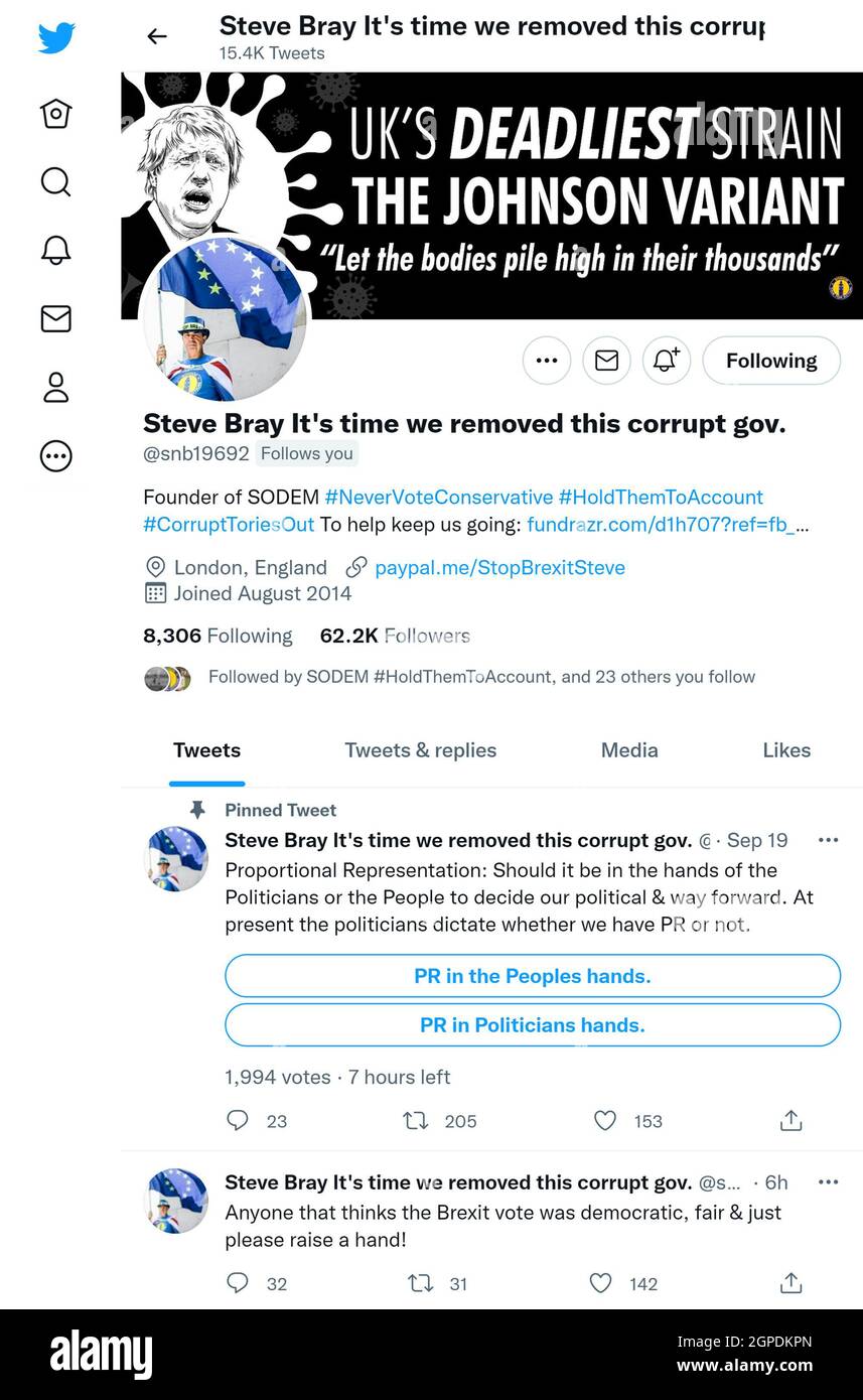 Página de Twitter (septiembre de 2021) de Steve Bray, defensor de la representación pro-proporcional y anti-Brexit Foto de stock