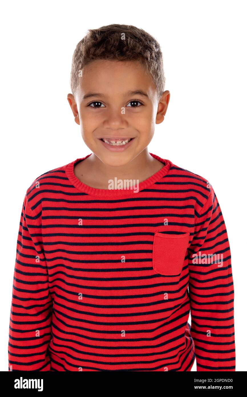 Hermosa latina niño con camisa a rayas rojo aislado sobre un fondo blanco  Fotografía de stock - Alamy
