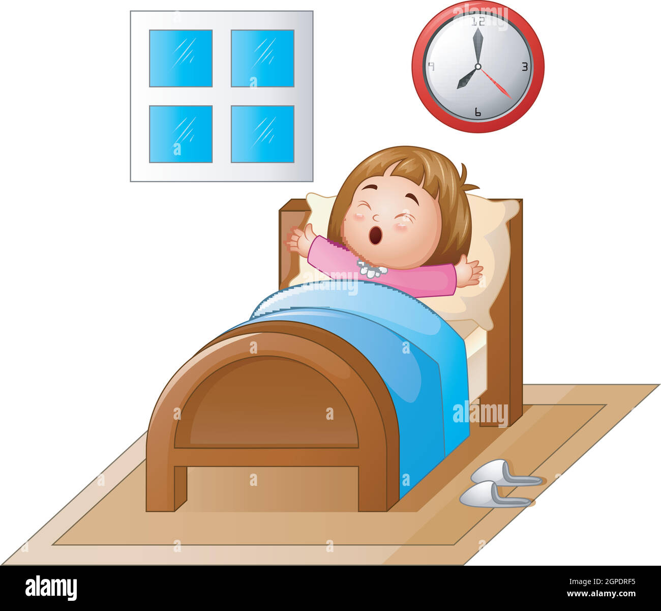 Niña despertando en una cama y bostezando Imagen Vector de stock - Alamy