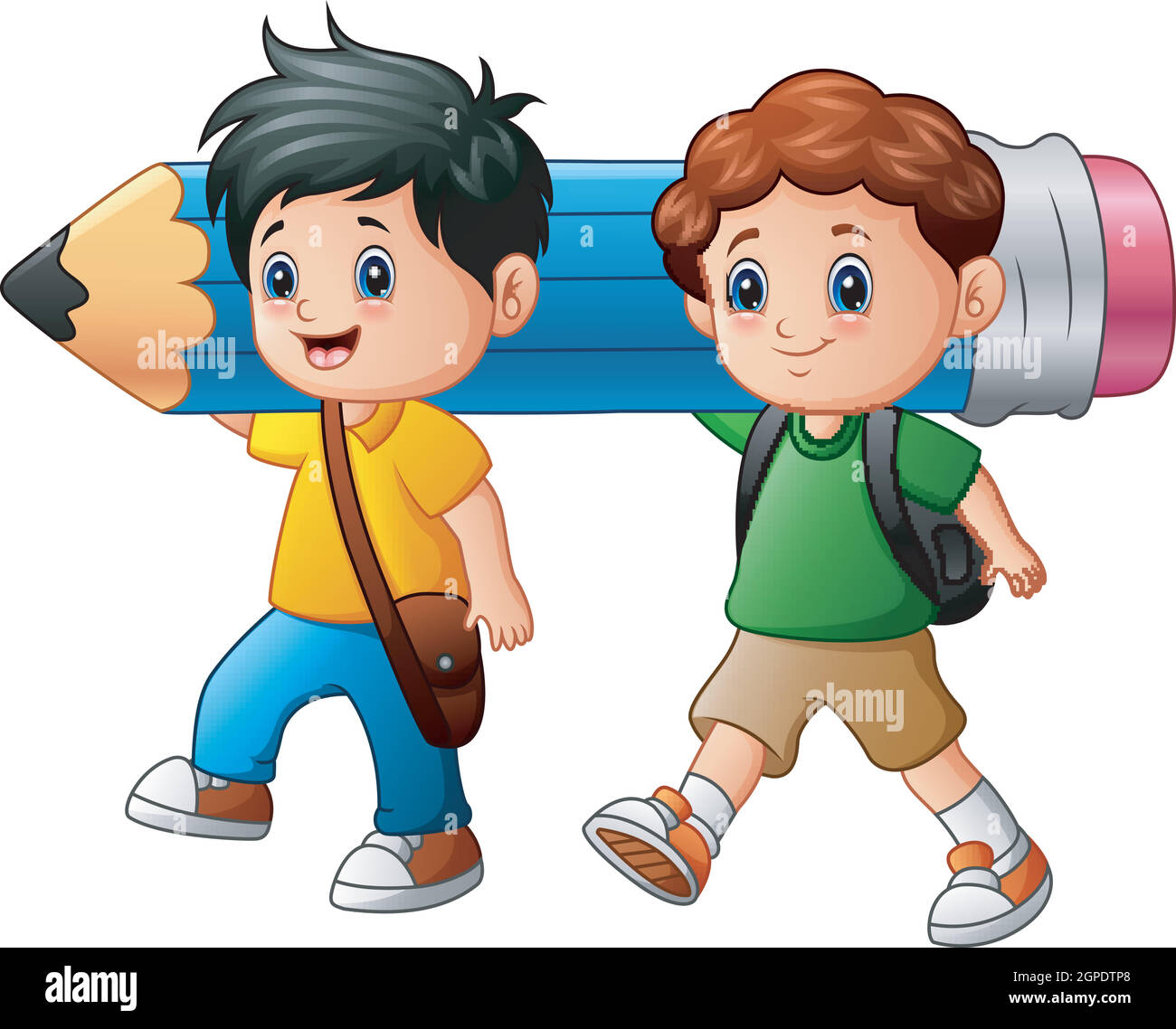 Dos niños dibujos animados sosteniendo un lápiz grande Imagen Vector de  stock - Alamy