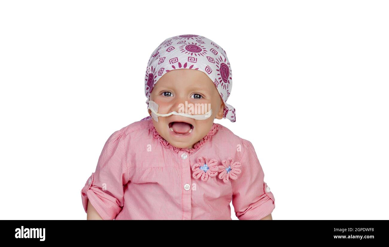 Adorable bebe con un pañuelo en la cabeza golpeando la enfermedad  Fotografía de stock - Alamy